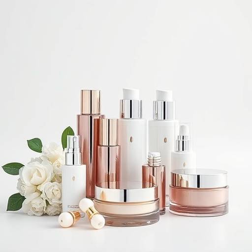 A collection of luxury cosmetic products arranged beautifully on a white background.