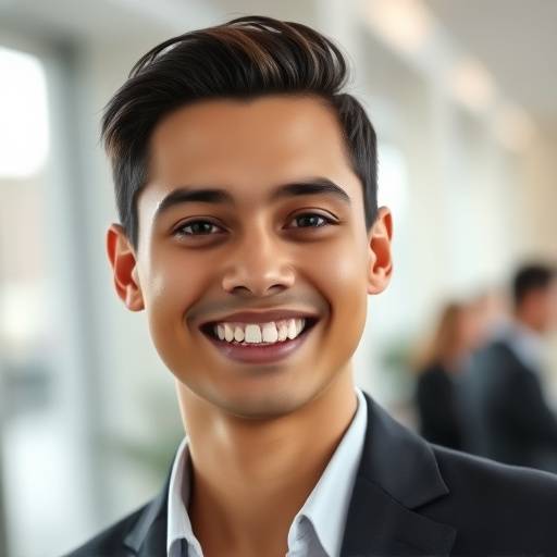 A confident young professional smiling for a business headshot against a blurred office background.