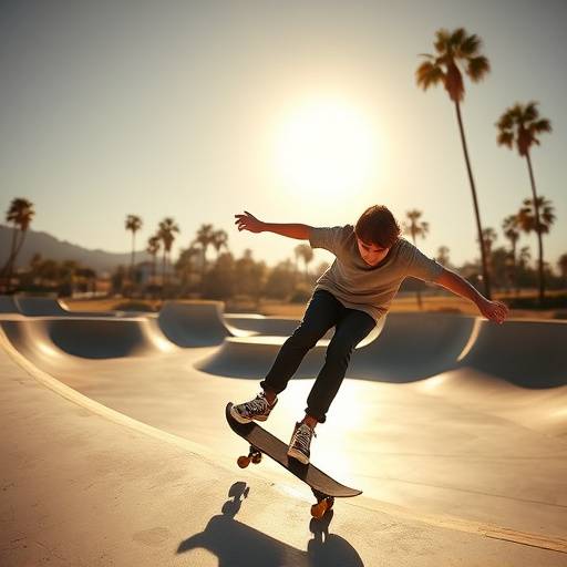 A dynamic action shot of a skateboarder performing a trick in a Los Angeles skate park.