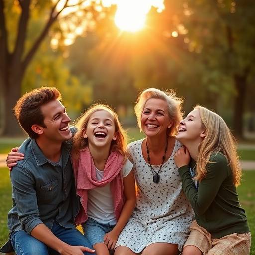 A family of four laughing together during a family portrait session in a park.