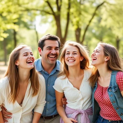 A happy family laughing together during a photo shoot in a sunny park.