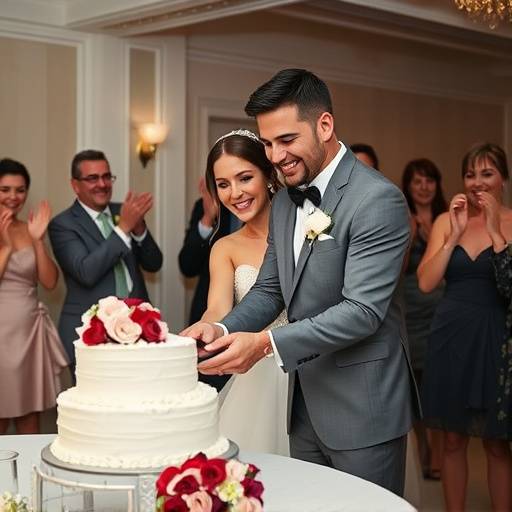 A joyful bride and groom cutting their wedding cake, surrounded by cheering guests.