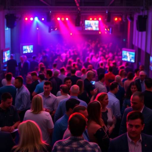 A vibrant photo of a crowded corporate event with people networking and engaging in conversation.