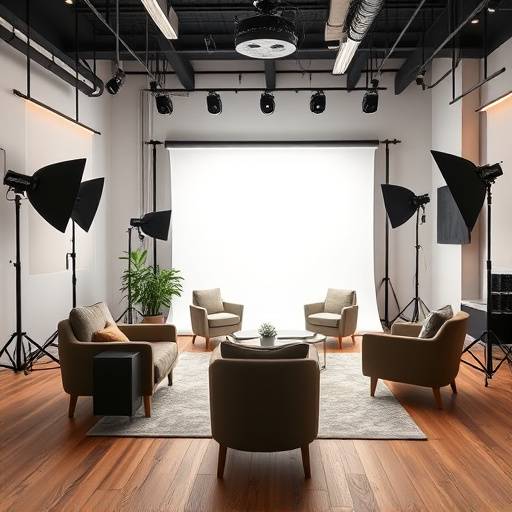 A wide-angle shot of the interior of Capture the Moment Photography studio in Los Angeles, showing a comfortable seating area, professional lighting equipment, and a backdrop for portrait sessions.