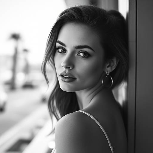 Black and white portrait of a young woman in a classic Hollywood style, Los Angeles.