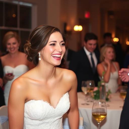 Candid shot of a bride laughing during her wedding reception at a venue in downtown Los Angeles.
