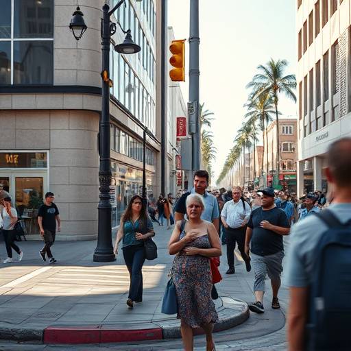 Candid street photography shot of a busy street corner in downtown Los Angeles.