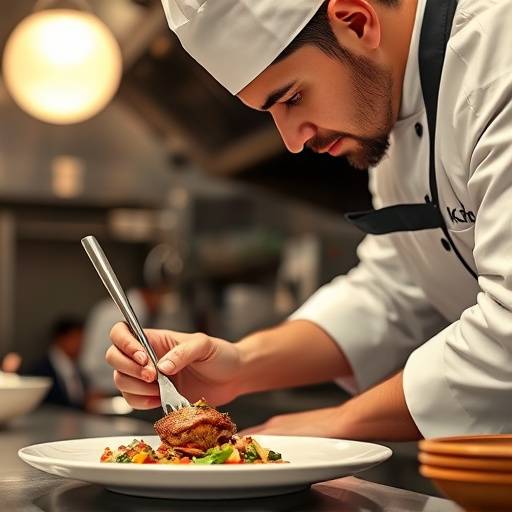 Close-up shot of a chef preparing a gourmet dish in a Los Angeles restaurant kitchen.
