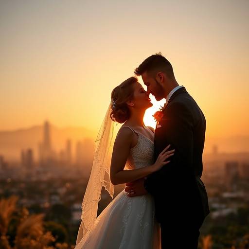 Elegant couple posing for their wedding day in front of the Los Angeles skyline.