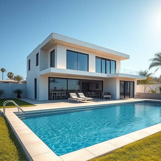 Image of a real estate property showcasing a modern house with a pool.