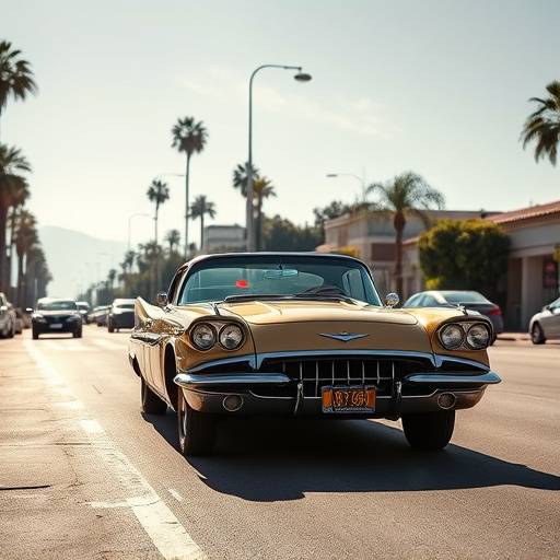 Photo of a classic car parked on a sunny street in Los Angeles, automotive photography.