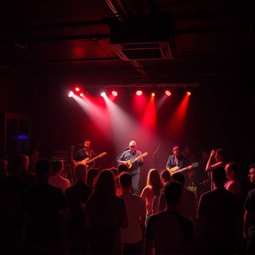 Photograph of a live concert in a dimly lit venue in Los Angeles, capturing the energy of the performance.