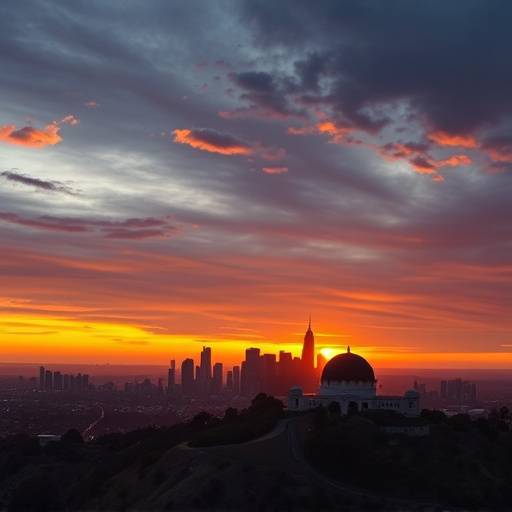 Stunning landscape photograph of the Los Angeles skyline at sunset, taken from Griffith Observatory.