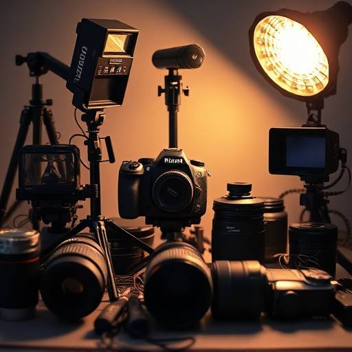 Various photography equipment arranged artistically: cameras, lenses, lighting.